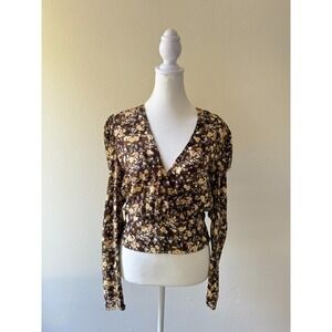AFRM Brown Womens M‎ Floral Boho Cottagecore Wrap V Neck Rayon Cropped Top NWT